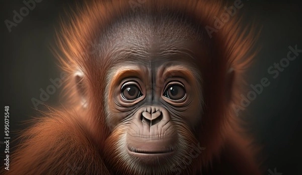 Fototapeta Wallpaper of a cute baby orangutan close-up. Created with generative Ai technology