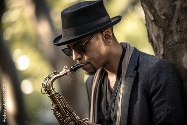 Obraz Street musician playing saxophone in park in outdoors. Generative AI