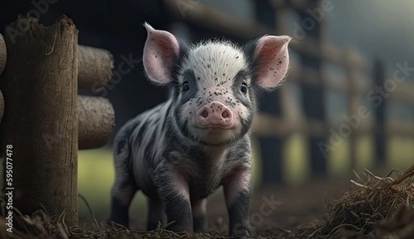 Fototapeta Wallpaper of a baby pig at the farm. Created with generative Ai technology