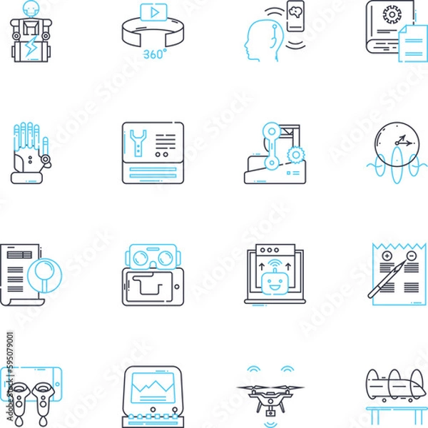 Obraz Digital fabrication linear icons set. Additive manufacturing, Robotics, Laser-cutting, D scanning, Material science, Rapid prototyping, CNC line vector and concept signs. D printing,Modeling,CAD