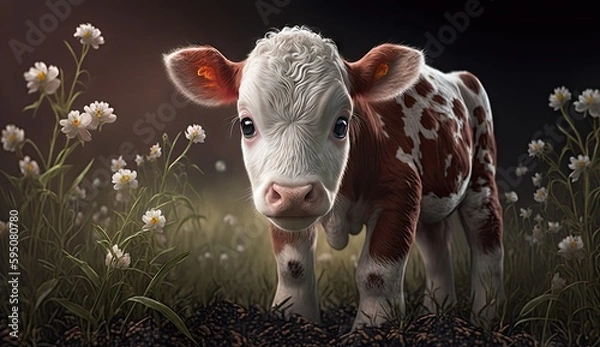 Fototapeta Wallpaper of a cute baby cow on a meadow. Created with generative Ai technology