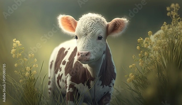 Fototapeta Wallpaper of a cute baby cow on a meadow. Created with generative Ai technology