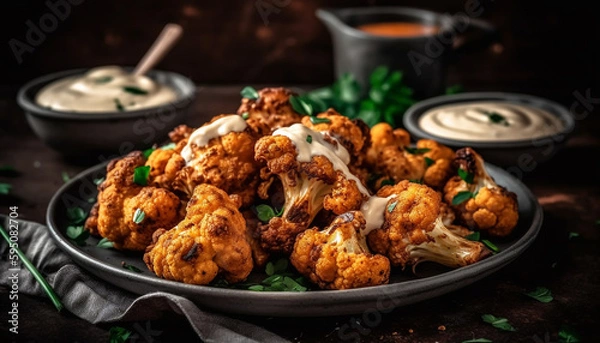 Obraz Grilled chicken wings on rustic wooden plate generated by AI