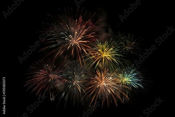 Fototapeta Colorful Firework on Black Background. Isolated Illustration with Glowing Lights