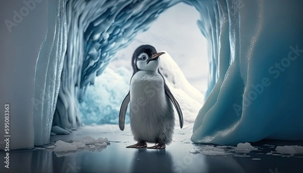 Fototapeta Baby penguin inside a glacier. Created with generative Ai technology