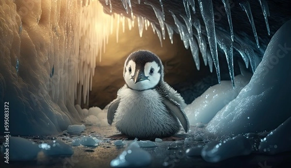 Fototapeta Baby penguin inside a glacier. Created with generative Ai technology