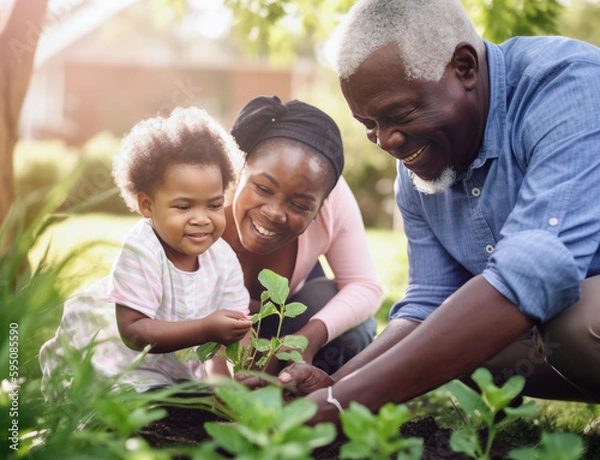 Fototapeta Close-up of black grandfather and grandmother with toddler granddaughter, smiling and planting together in the garden.  Illustration created with Generative AI technology.