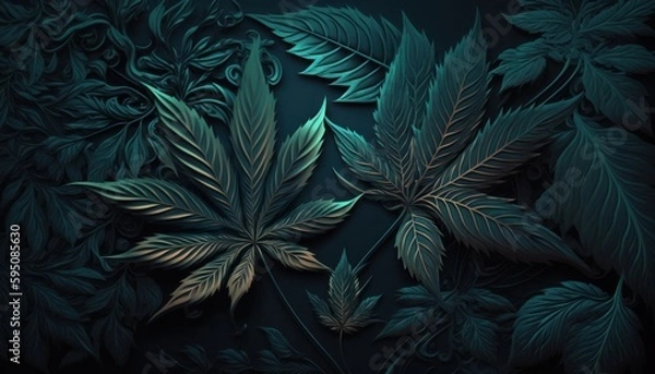 Fototapeta Weed leaves in a baroque deep dark colors style background concept generative ai