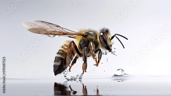 Fototapeta Bee flying and touching the water. Created with generative Ai technology