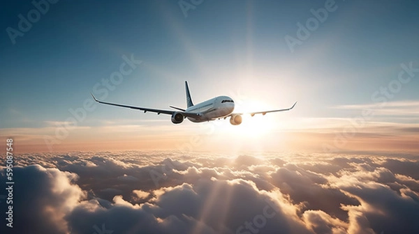 Fototapeta Passenger airplane soaring through a clear blue sky with fluffy white clouds, showcasing the majestic beauty of aviation. Sun rays casting a golden glow on the aircraft's wings, and a sense of freedom