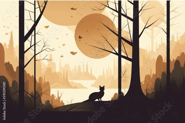 Fototapeta Squirrel silhouette and forest landscape in a minimalist illustration. Soft and muted colors. Generative AI