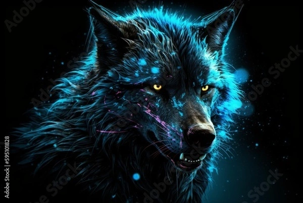 Obraz Neon Blue Wolf Generative AI