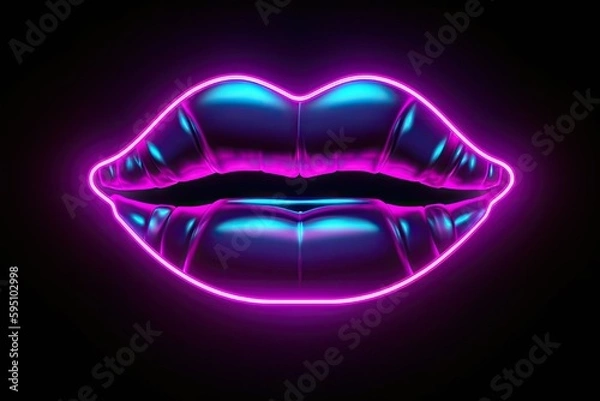 Obraz neon background, fluorescent lips form, blank lips frame. Generative ai