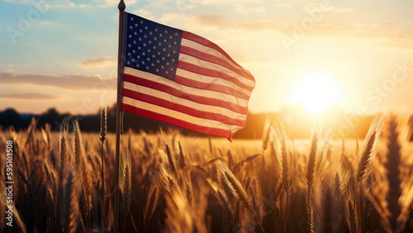 Obraz sunlit wheat field, with an American flag standing tall amidst the golden stalks, independence day concept, generative ai