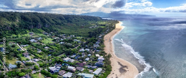 Fototapeta Aerial view of the north shore of Oahu, Hawaii, overlooking Ehukai Beach known for its large winter waves