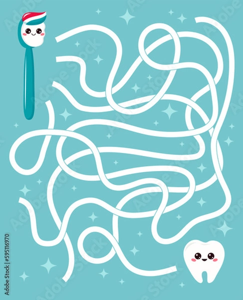 Fototapeta Dental maze game for preschool kids. Labyrinth with cute kawaii toothbrush and tooth. Educational puzzle. Learn about dental health. Vector illustration.