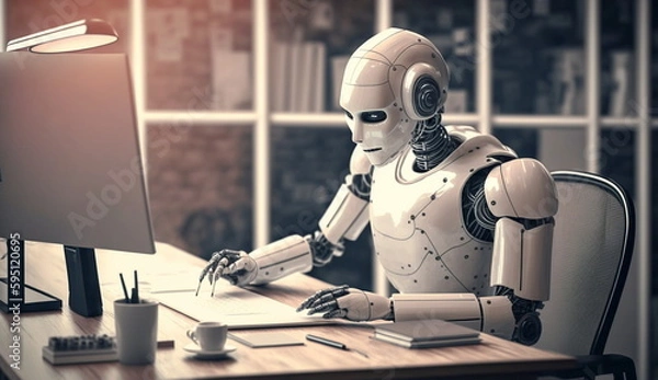 Fototapeta Humanoid robot doing work in front of a laptop in an office room. Based on Generative Ai.