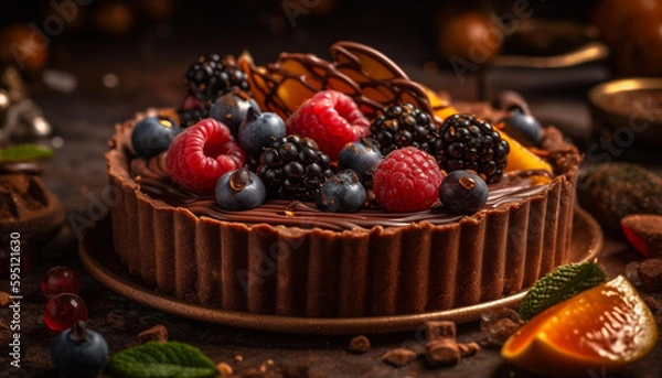 Fototapeta Indulgent berry cheesecake with fresh fruit toppings generated by AI