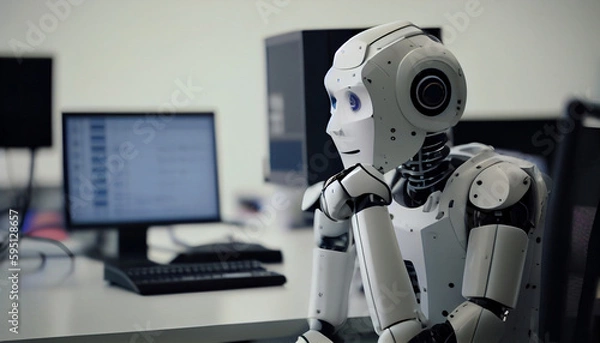 Fototapeta The robot sits in front of the computer. Generative AI