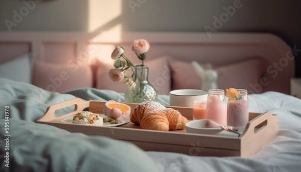 Fototapeta Comfortable bed, fresh croissant, perfect relaxation spot generated by AI