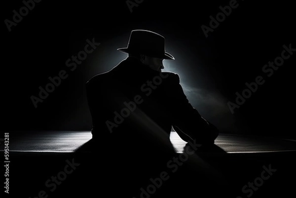 Fototapeta Silhouette of a Man in Hat Seated at a Wooden Table. Generative Ai.