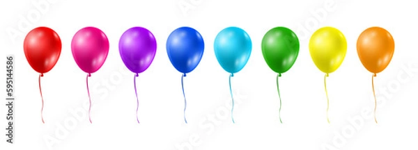 Fototapeta Balloons in realistic style. Balloons for birthday and party. Flying ballon with rope. Balloon in different colors isolated on white background. Icon for celebrate and carnival. Vector illustration.