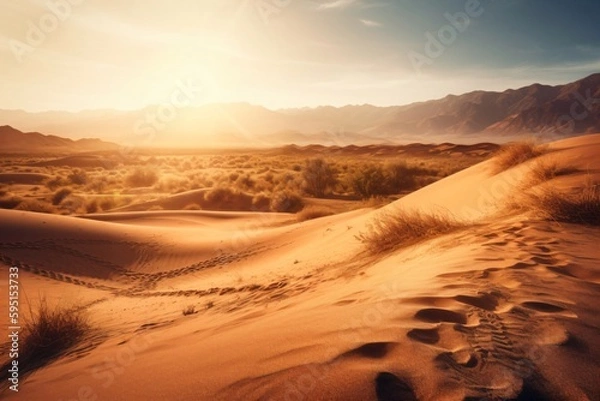 Fototapeta big beautiful desert region surrounded by rocks created with Generative AI technology