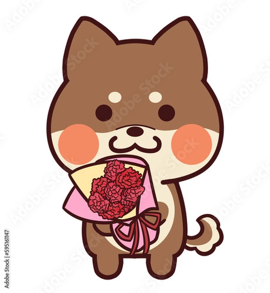 Obraz カーネーションの花束を持つ胡麻柴犬