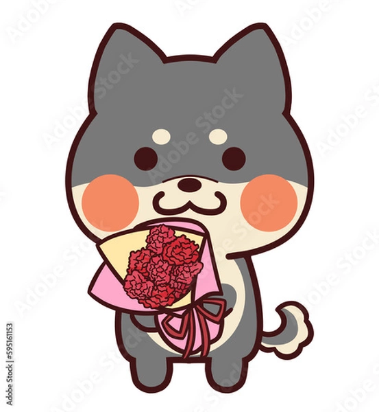 Obraz カーネーションの花束を持つ黒柴犬