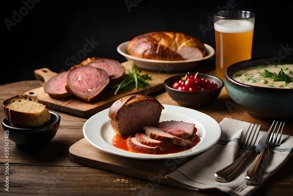 Obraz Simple delicious dinner plate with bread, beef steak with mashed potatoes