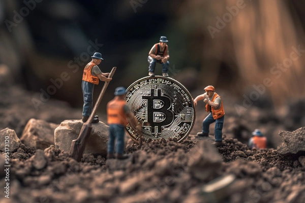 Fototapeta Miniature people miner working with bitcoin coin. Digital currency and mining concept. Generative AI