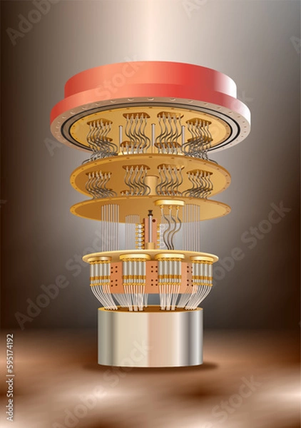 Obraz Quantum computer illustration. Q-bit processor. Probabilistic or nondeterministic computers. Gold colour vector drawing.