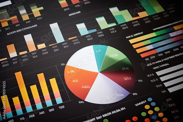 Obraz stock market business analysis, sophisticated data visualization, displayed in a report, line and pie graphs, dashboard, ROI, return on investment, profitability, revenue growth, financial success,