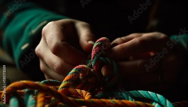 Obraz Hand tied knot in rope for climbing adventure generated by AI