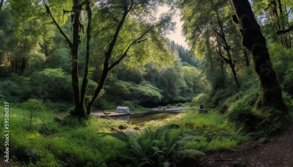 Fototapeta Tranquil scene of autumn forest hiking adventure generated by AI