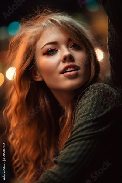 Fototapeta 23 year old blond woman rocking out at a concert at night, surrounded by colorful lights and a sea of enthusiastic fans. Energetic, Vibrant, Dynamic, Expressive, generative ai