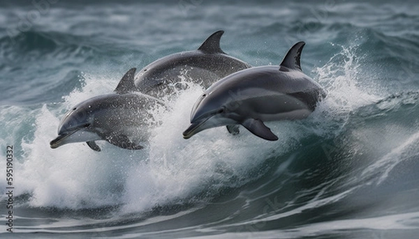 Fototapeta Playful bottle nosed dolphin jumping in blue water generated by AI