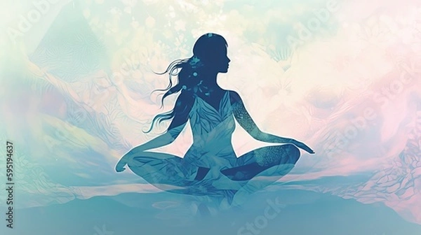 Fototapeta Silhouette of a young woman in lotus position on a pastel colored background. Yoga meditation pose. Transcendent spirituality concept. Generative AI.
