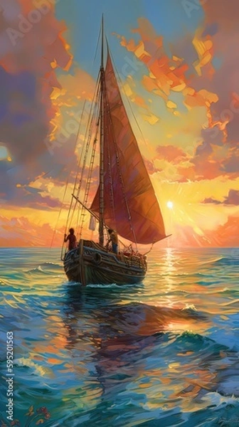 Obraz Sailing ship at sunset. Generative ai