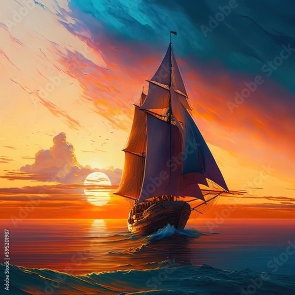 Obraz Sailing ship at sunset. Generative ai