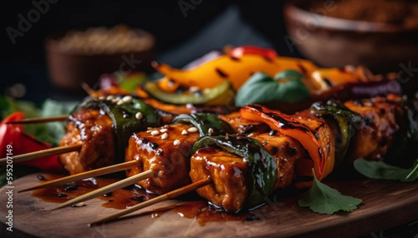 Fototapeta Grilled skewers of meat and vegetables, gourmet meal generated by AI