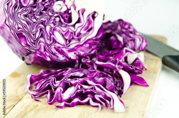 Obraz Chopped Red Cabbage on Wooden Cutting Board