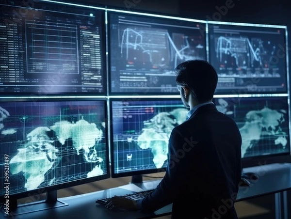 Fototapeta Finanzberater nutzt KPI-Dashboard auf virtuellem Bildschirm für Business Finance Data Analytics. Abstrakte Neon-Grafik für Financial Management Technologie und Geschäftswachstum, Generative AI