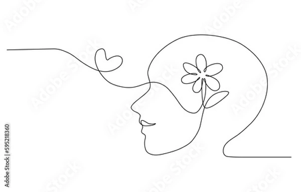 Fototapeta Continuous line art of a person with a flower inside human head and heart symbol, lineart vector illustration.