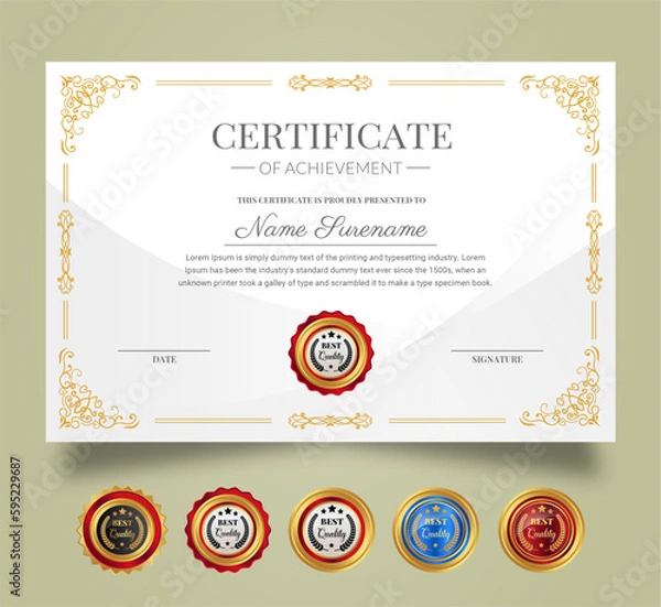 Fototapeta Certificate of Appreciation and Achievement template. Clean modern certificate with gold badge. Diploma award design for business and education needs.