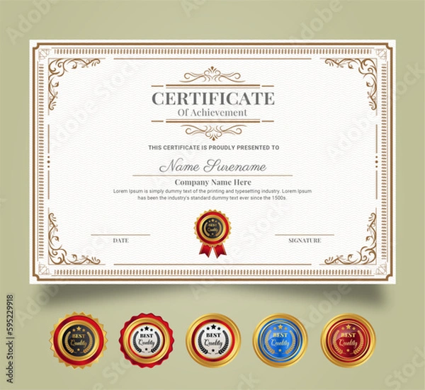 Fototapeta Certificate of Appreciation and Achievement template. Clean modern certificate with gold badge and modern curve line pattern. Diploma award design for business and education needs.