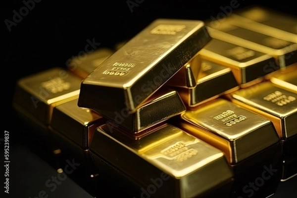 Fototapeta Stack of gold bars lying on a table. Close up picture created using generative AI tools