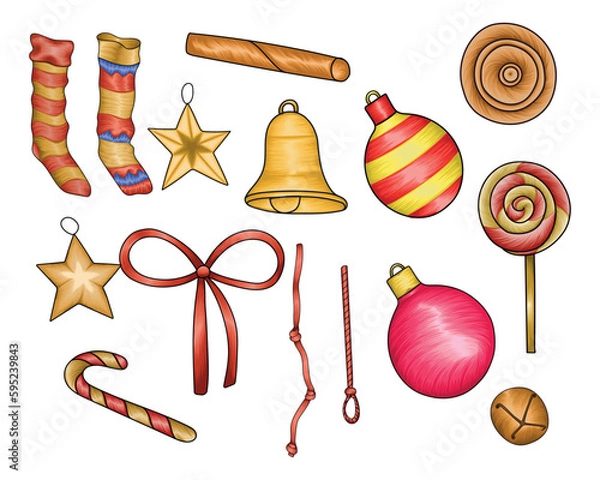 Fototapeta Hand drawn Christmas decorative objects, Christmas element vector illustration collection
