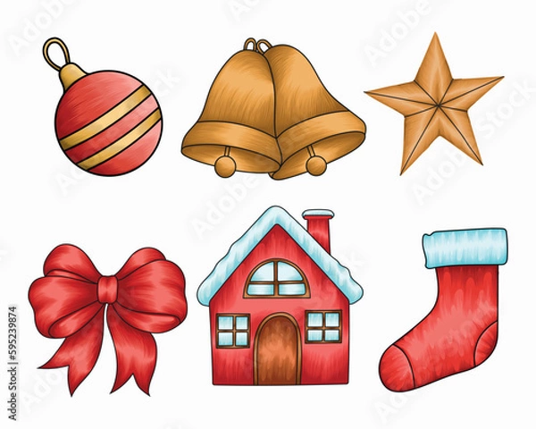 Obraz Hand drawn Christmas decorative objects, Christmas element vector illustration collection