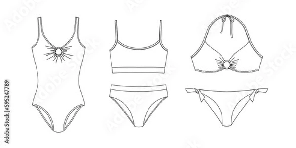 Fototapeta Woman sustainable swimwear, technical drawing, template, sketch, flat, mock up. Recycled PA, Recycled PES, Lycra fabric swimwear front view, white color